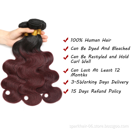 SPARK  Wholesale Ombre Hair Extensions Virgin Hair Body Wave Colored  1b 99J Remy Human Hair Weave Bundles